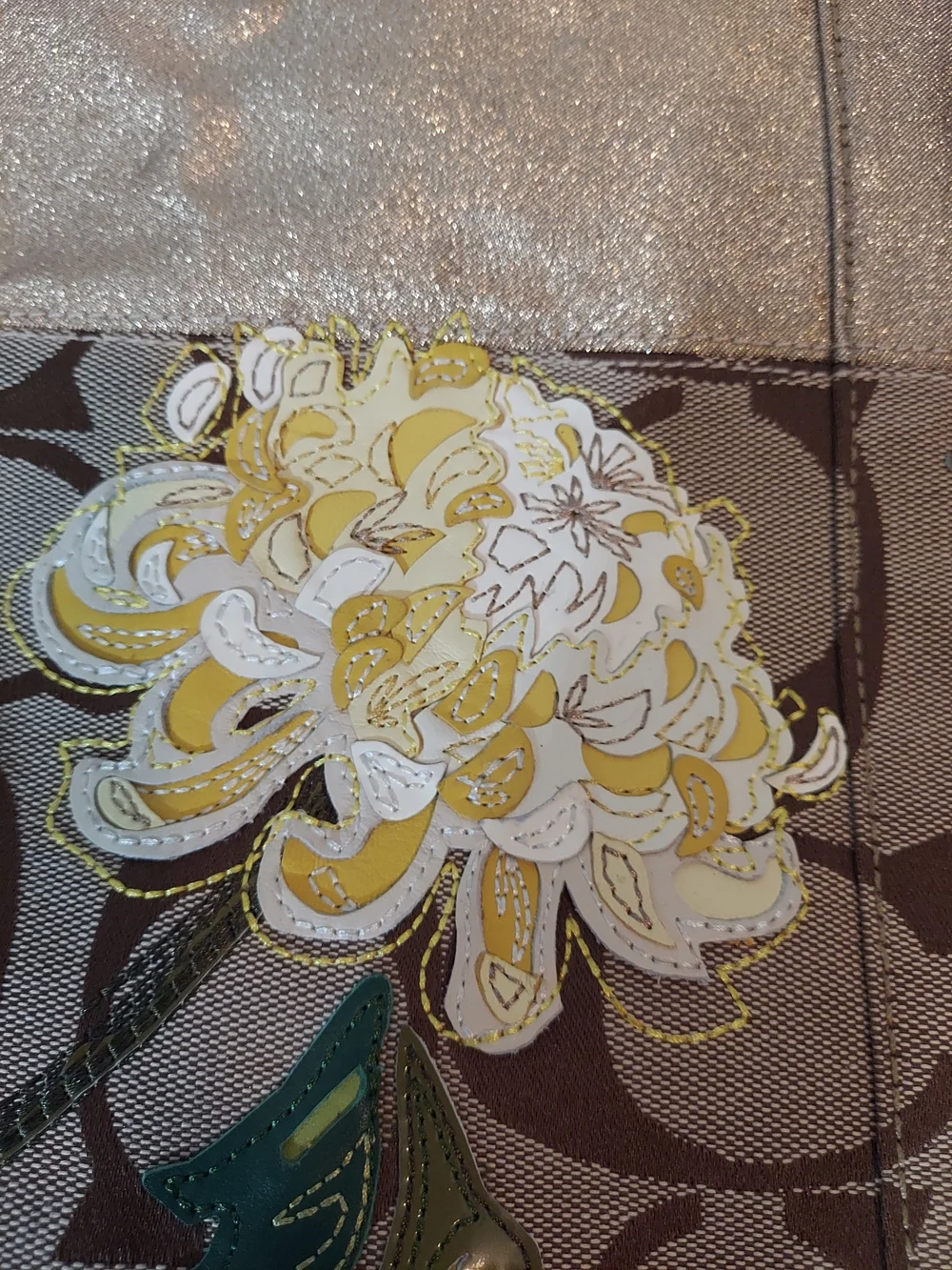 Coach Signature Stripe Floral Chrysanthemum Tote Gold Khaki Jacquard 12204